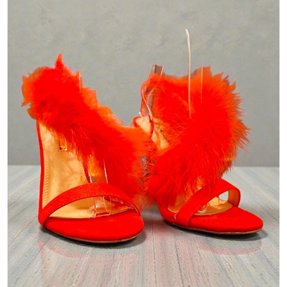 Bright Red Feathered High Heel Stiletto Open Toe Sandals With Dramatic Plume Acc - Picture 2 of 8